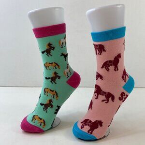 Womens Crew Socks Set 2 Horse "I'd Rather Be Riding A Horse" Print Green Pink